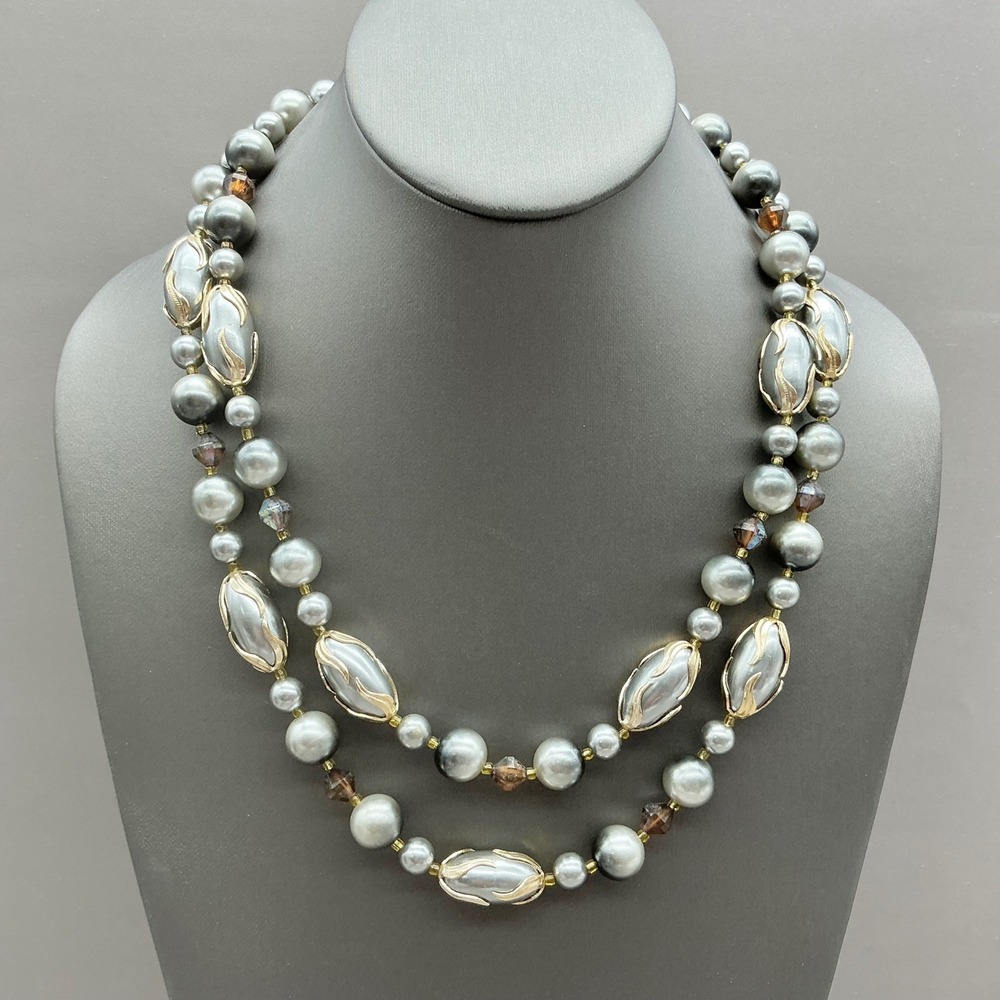 Japan Double Strand Faux Pearl Necklace Women Gray Gold Tone Beaded Vintage 60s